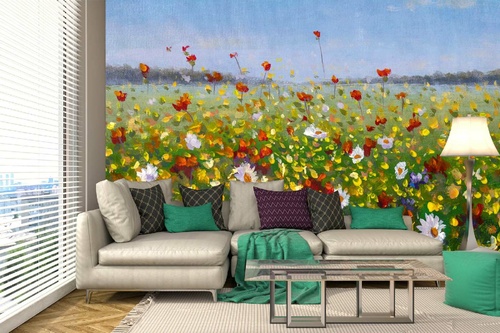Vlies Fototapete - Schöne Feldblumen auf Leinwand 375 x 250 cm